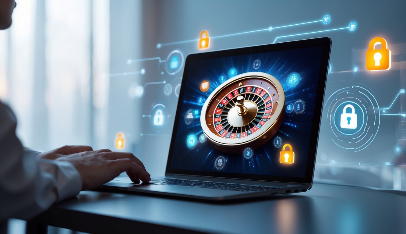 Layar komputer menampilkan permainan roulette online dengan simbol keamanan digital di sekitarnya.