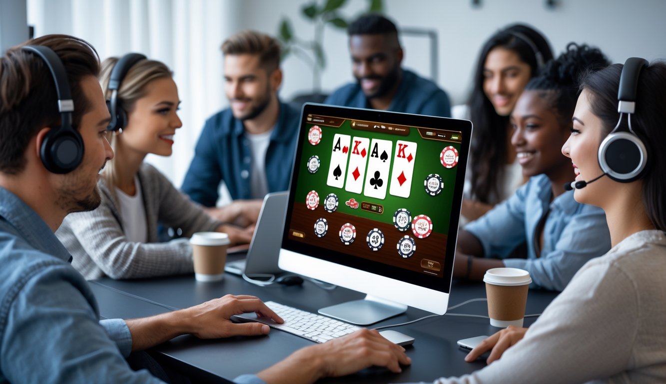 Beberapa orang bermain poker online dengan komputer dan laptop di lingkungan rumah yang nyaman.
