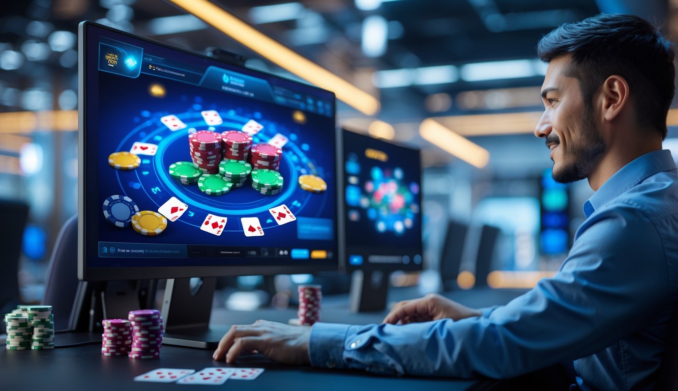 Seorang pemain poker online duduk di depan komputer dengan layar menampilkan permainan poker digital dan suasana yang tenang serta profesional.