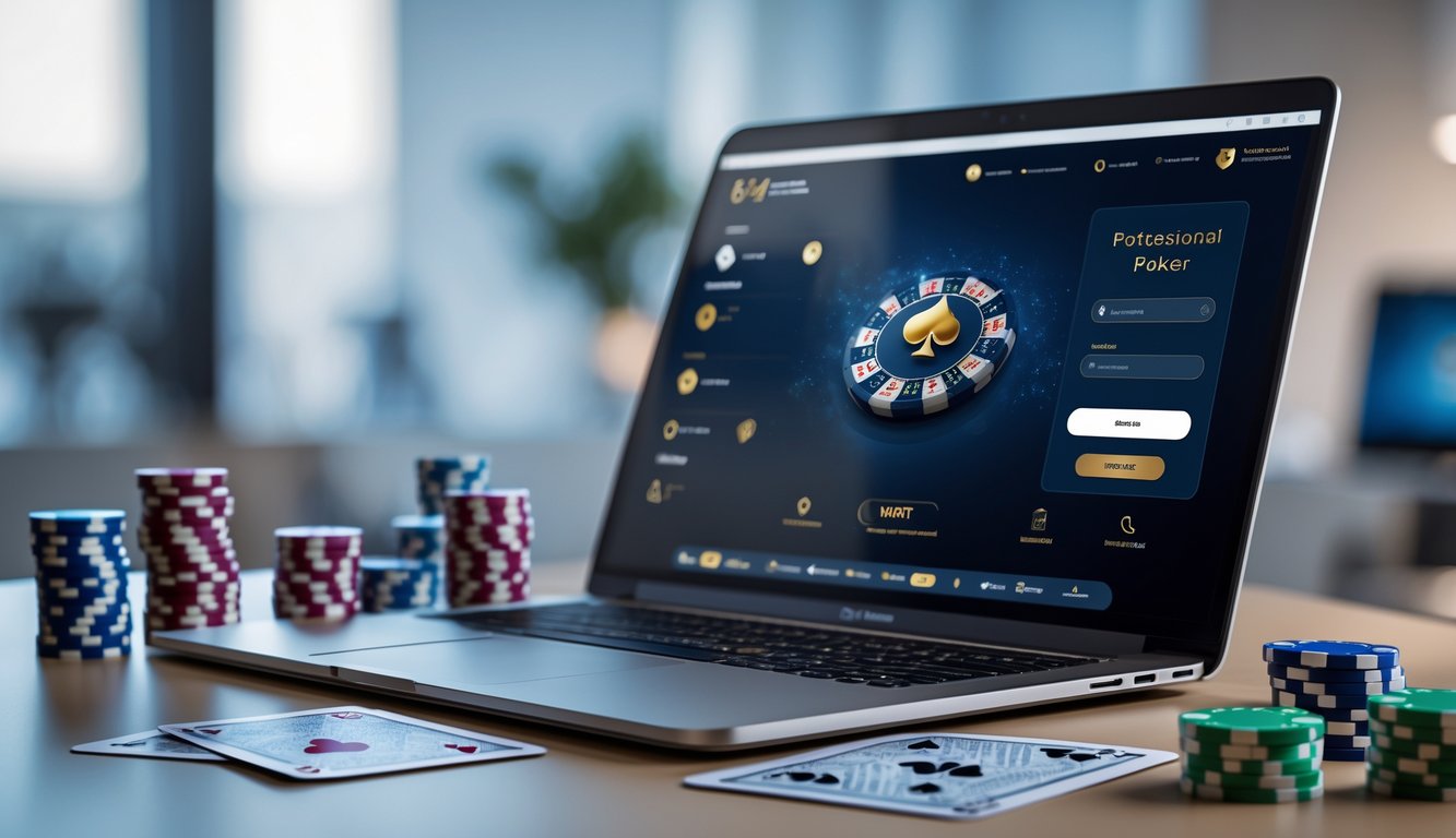 Meja kerja dengan laptop menampilkan permainan poker online, tumpukan chip poker, kartu remi, dan ponsel dengan layar login aman.