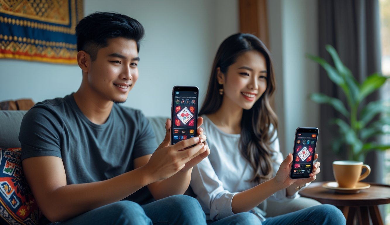 Seorang pria dan wanita muda Indonesia sedang bermain poker online menggunakan ponsel di ruang tamu yang nyaman.