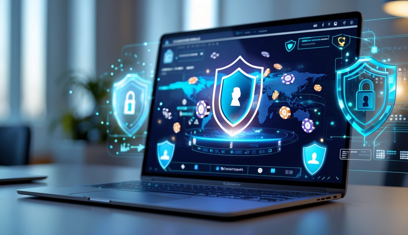 Seorang pemain poker online menggunakan komputer dengan ikon keamanan digital di sekitarnya, menunjukkan lingkungan permainan yang aman dan modern.