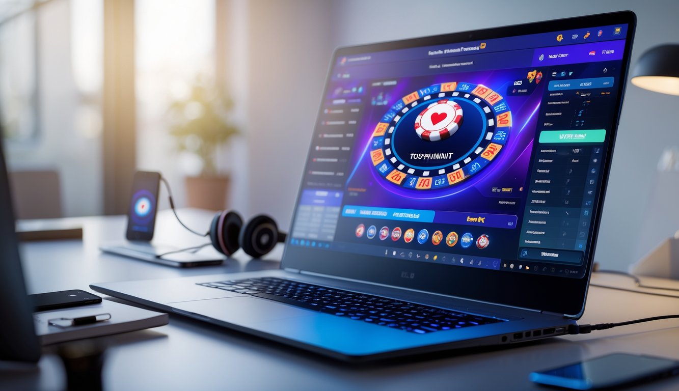 Seorang pemain poker online menggunakan laptop dengan tampilan permainan poker dan chip di layar, di meja kerja yang rapi dan terang.