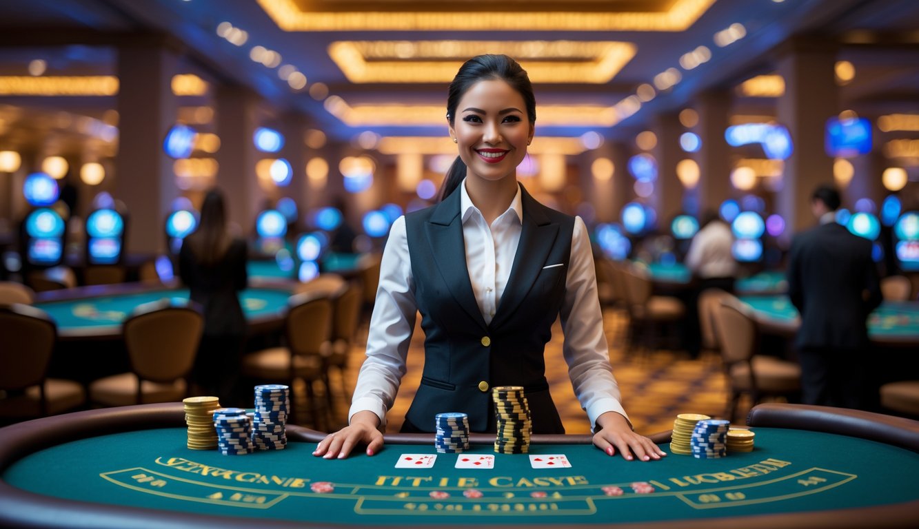 Seorang dealer wanita profesional berdiri di belakang meja kasino dengan kartu dan chip, di latar belakang suasana kasino mewah dengan pemain yang sedang bermain.