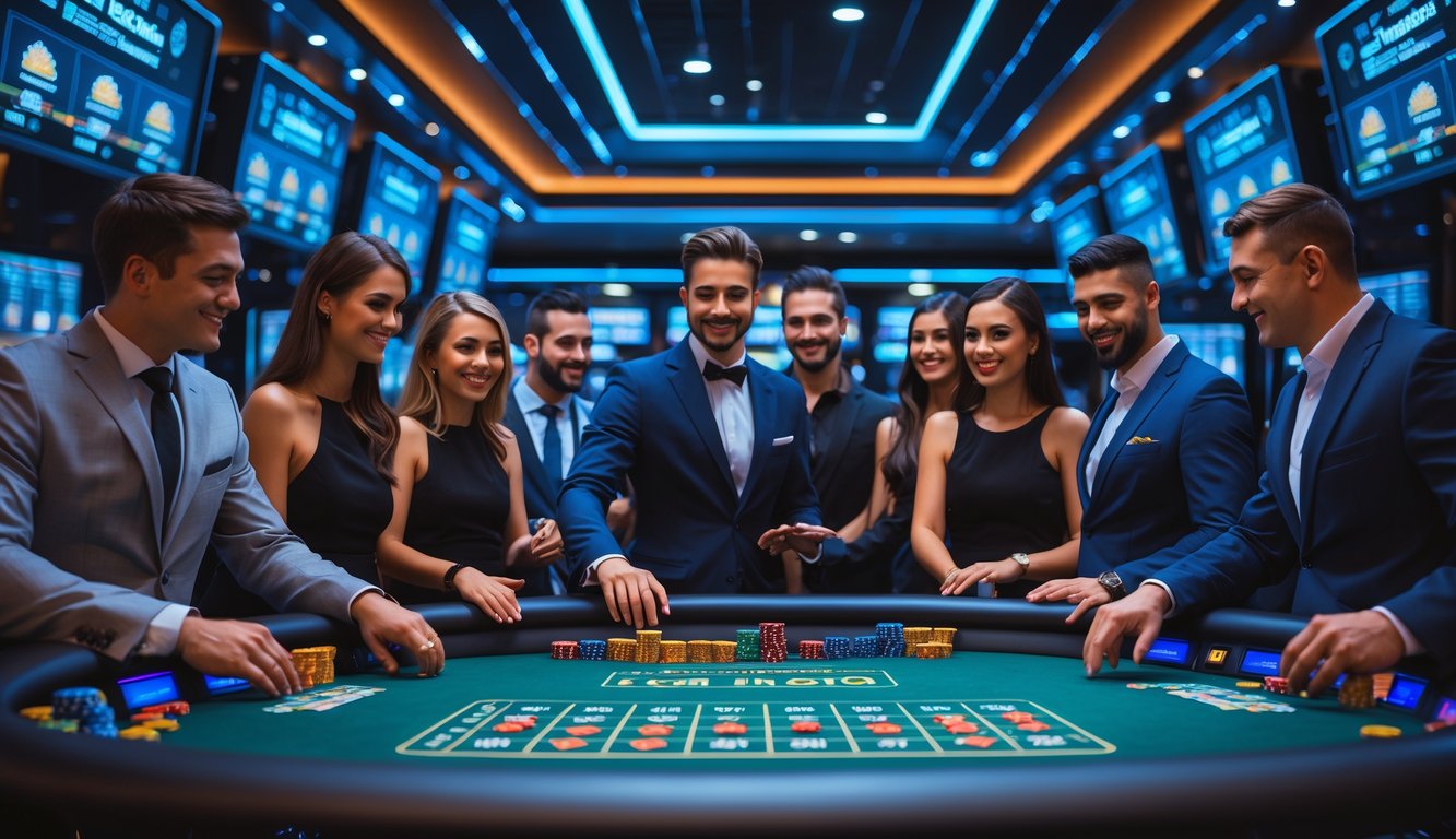 Suasana kasino langsung dengan meja permainan modern, pemain dan dealer sedang bermain, serta latar belakang ruang server yang canggih.