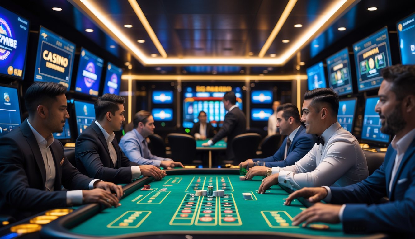 Suasana kasino langsung dengan meja permainan hijau, pemain berpakaian rapi sedang bermain, dan dealer langsung yang ramah.