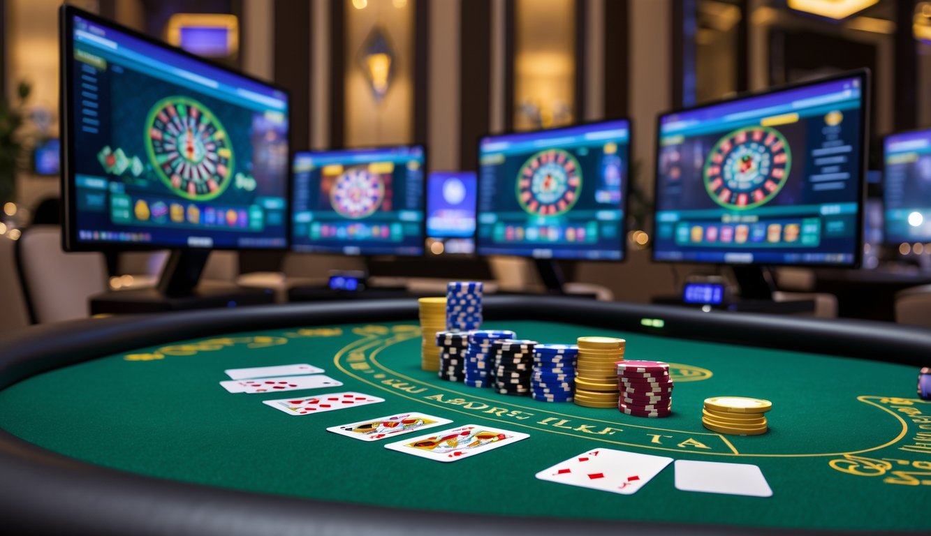 Meja kasino modern dengan kartu dan chip, layar menampilkan streaming langsung permainan kasino yang jelas.