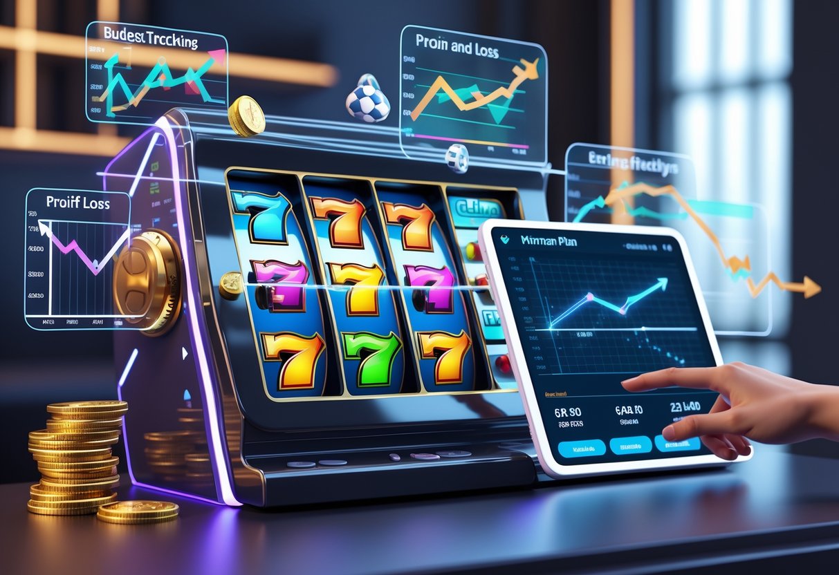 Sebuah mesin slot online dengan grafik pengelolaan modal dan tangan yang menggunakan tablet untuk mengatur strategi taruhan.