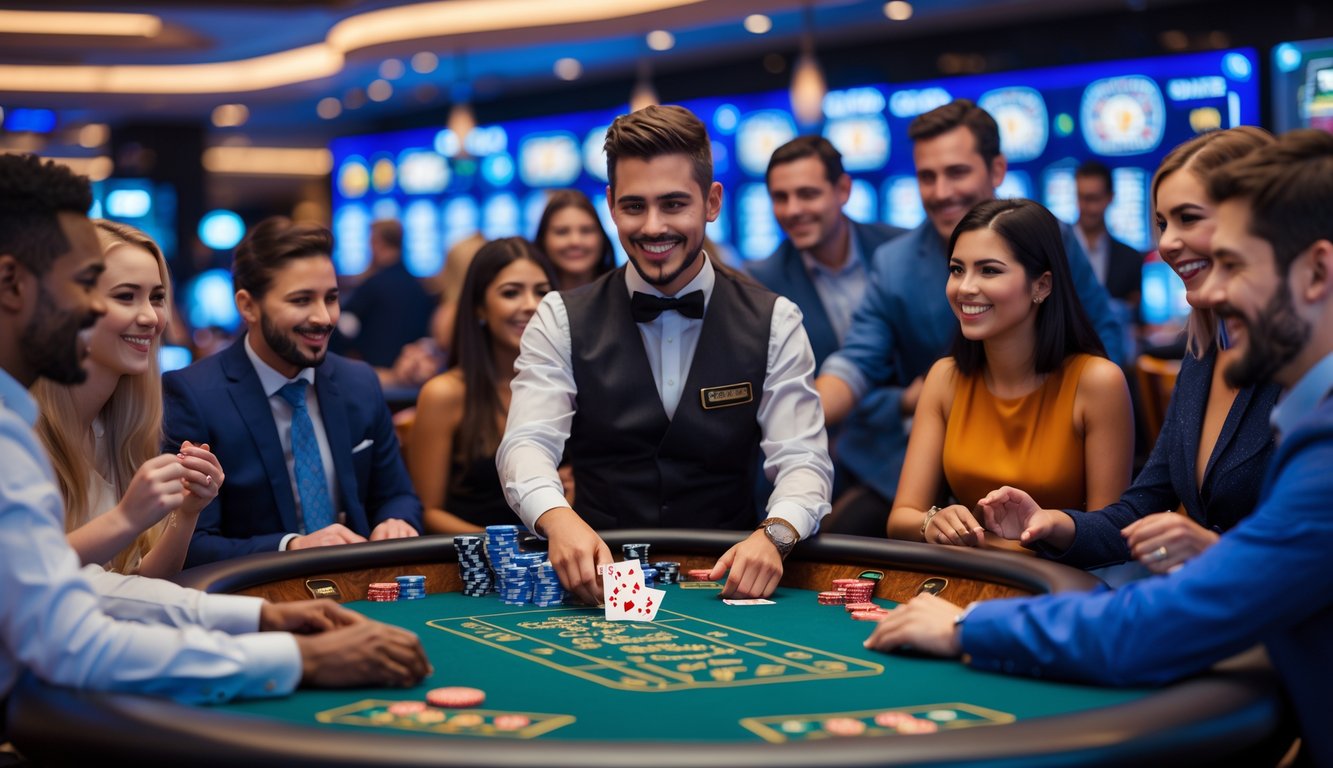 Suasana kasino langsung dengan dealer dan pemain yang sedang bermain di meja kasino dengan ekspresi percaya dan senang.