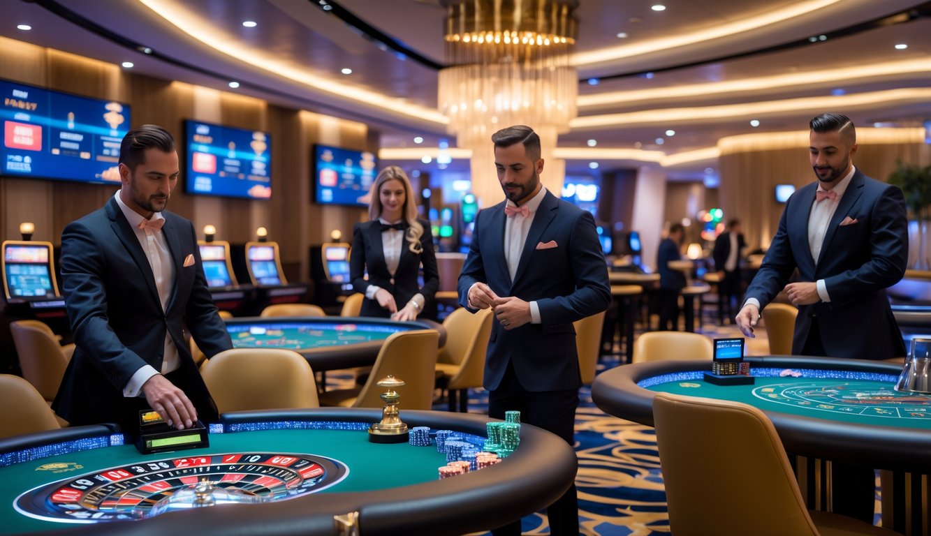 Suasana kasino langsung dengan meja permainan terbaru, dealer dan pemain yang sedang bermain di dalam ruangan yang terang dan mewah.