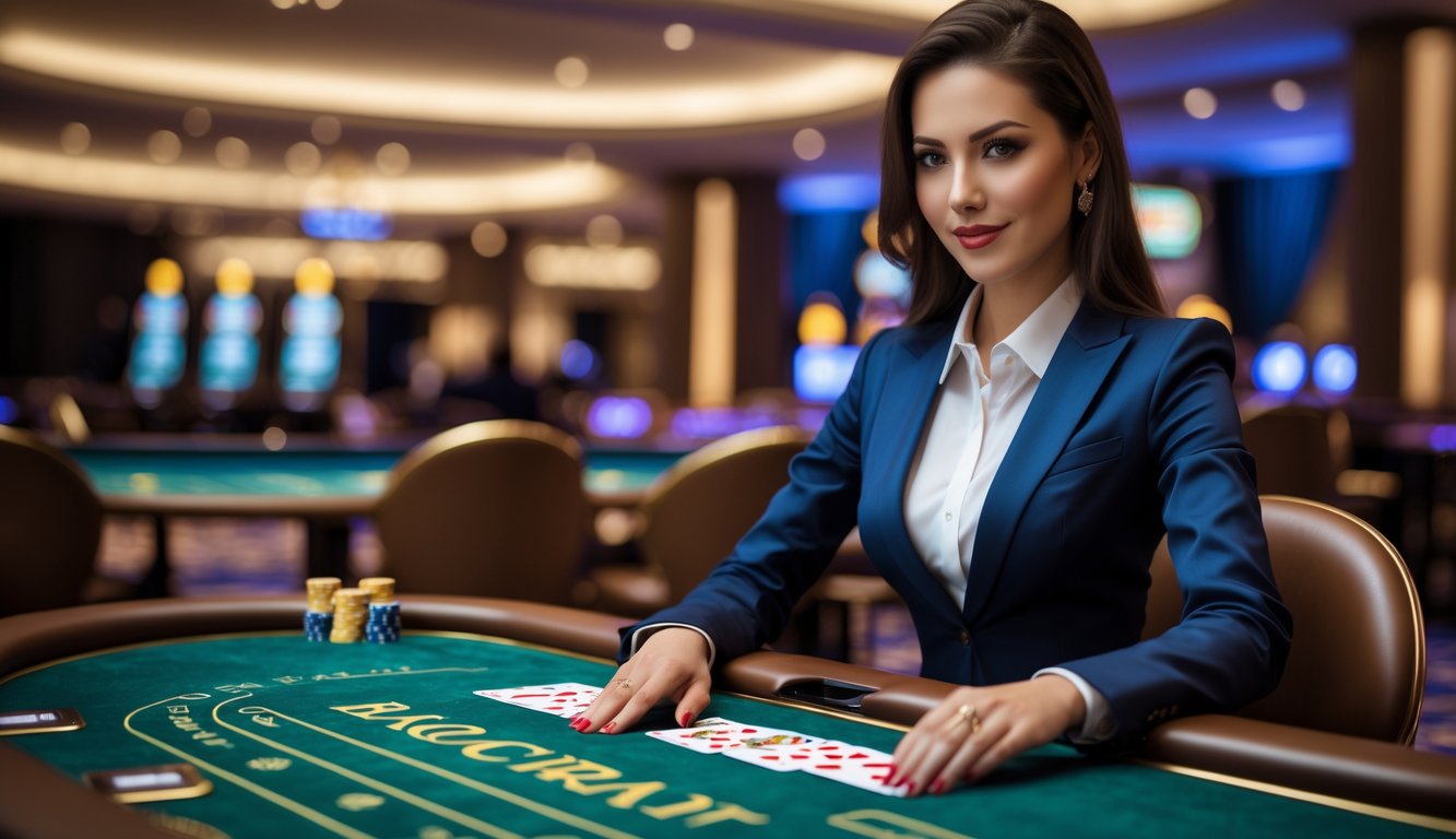 Seorang dealer wanita profesional sedang membagikan kartu di meja baccarat di lingkungan kasino mewah.