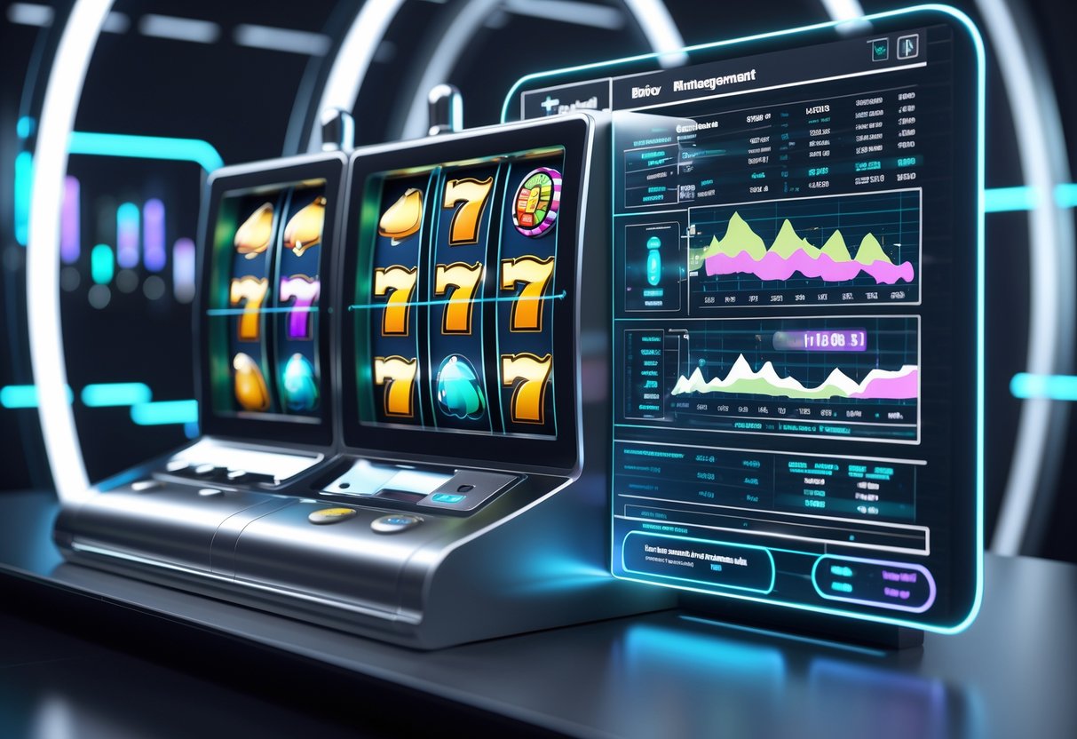 Sebuah mesin slot online dengan tampilan grafik pengelolaan modal di sampingnya dalam lingkungan kasino digital.