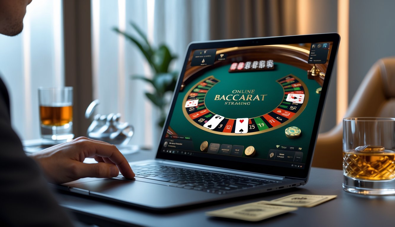 Seseorang bermain baccarat online dengan layar komputer yang menampilkan permainan kartu secara langsung.