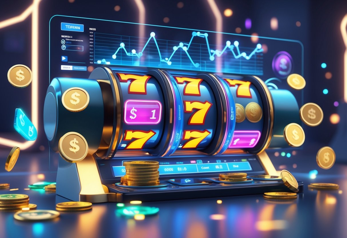 Tampilan mesin slot online dengan simbol koin dan uang mengambang serta grafik pengelolaan modal di latar belakang.