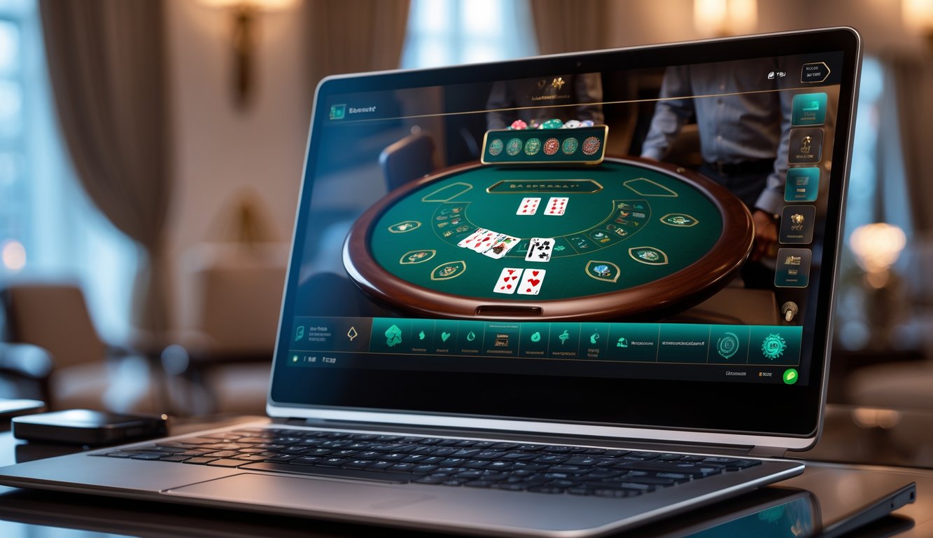 Sebuah komputer menampilkan permainan baccarat online dengan kartu dan chip di layar dalam ruangan yang elegan dan terang.
