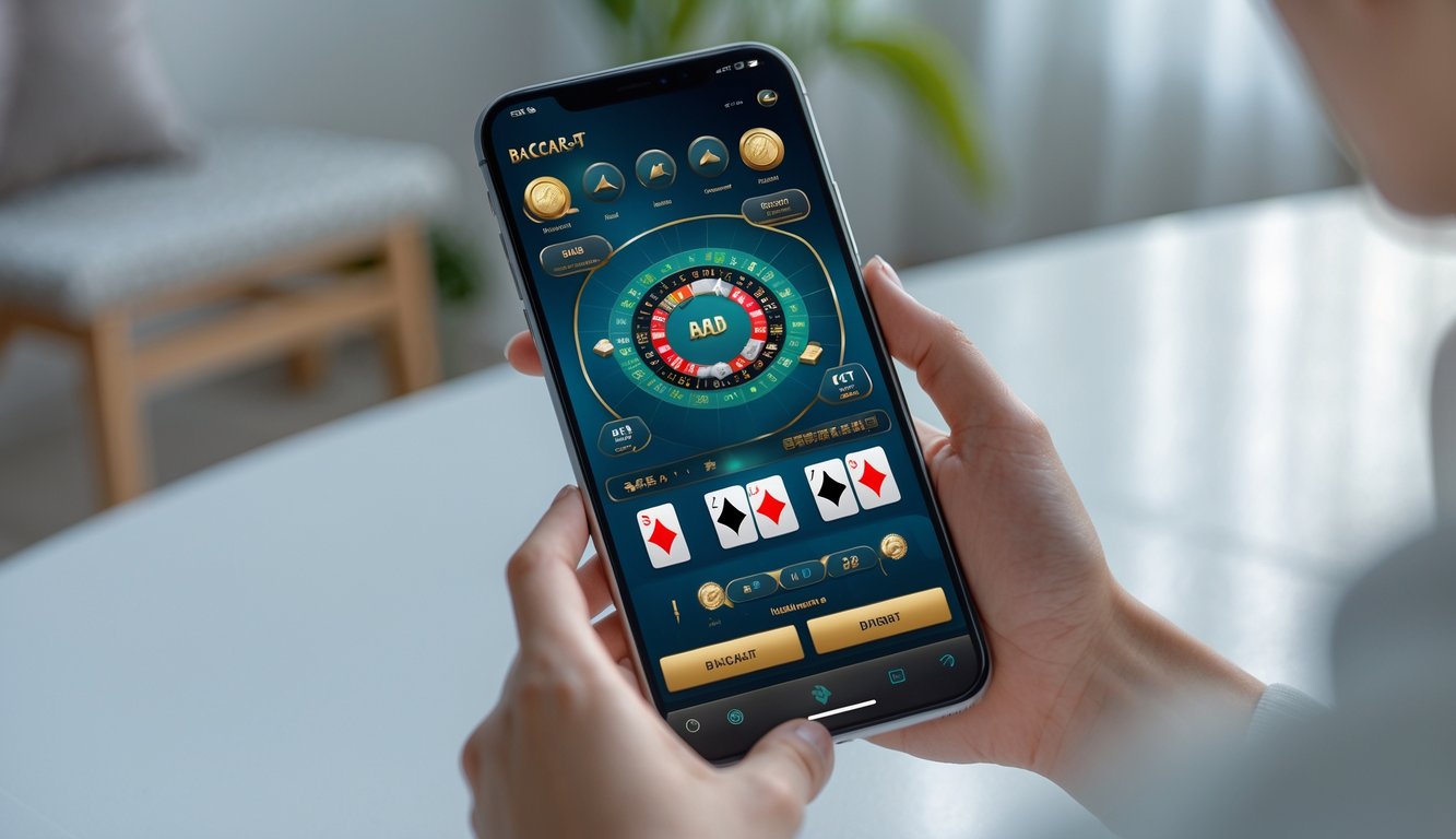 Seseorang memegang ponsel yang menampilkan permainan baccarat online dengan antarmuka yang ramah pengguna.