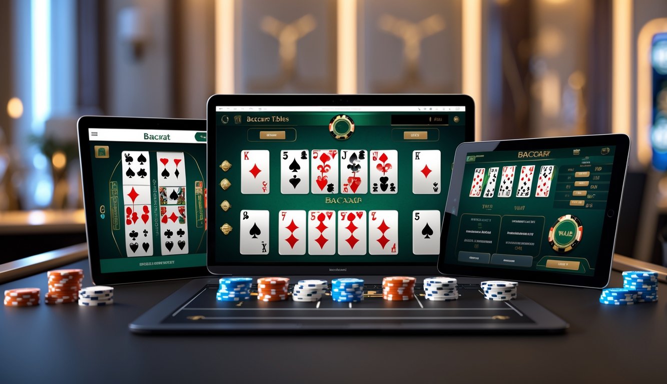 Tampilan meja baccarat online dengan kartu dan chip di layar komputer dalam lingkungan kasino yang mewah.