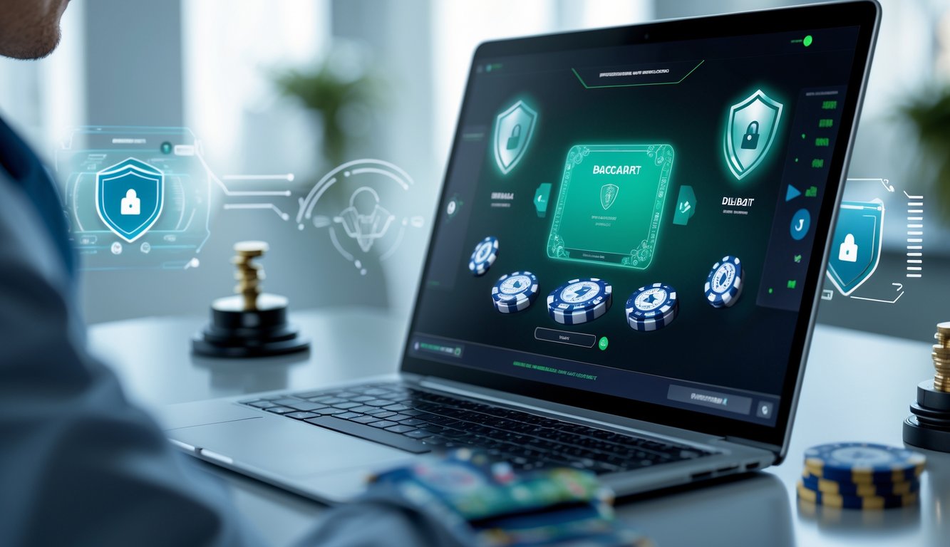 Seseorang menggunakan komputer dengan tampilan permainan baccarat online yang aman dan modern.