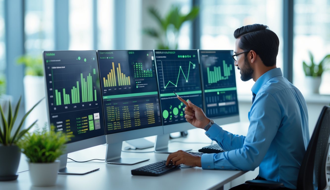 Seseorang sedang bekerja dengan beberapa layar komputer yang menampilkan data dan grafik hasil togel di sebuah kantor yang terang dan rapi.