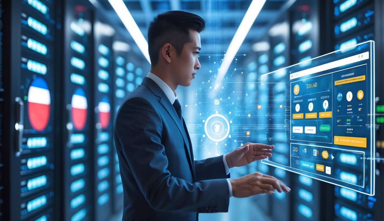 Seorang profesional berinteraksi dengan antarmuka digital di depan rak server yang menyala di pusat data modern.