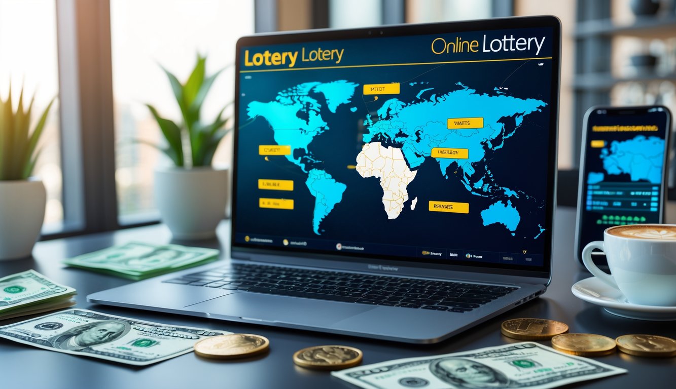 Sebuah meja kerja modern dengan laptop yang menampilkan antarmuka lotere online dan peta dunia yang menunjukkan pasar internasional, dilengkapi dengan uang dan ponsel di sekitarnya.