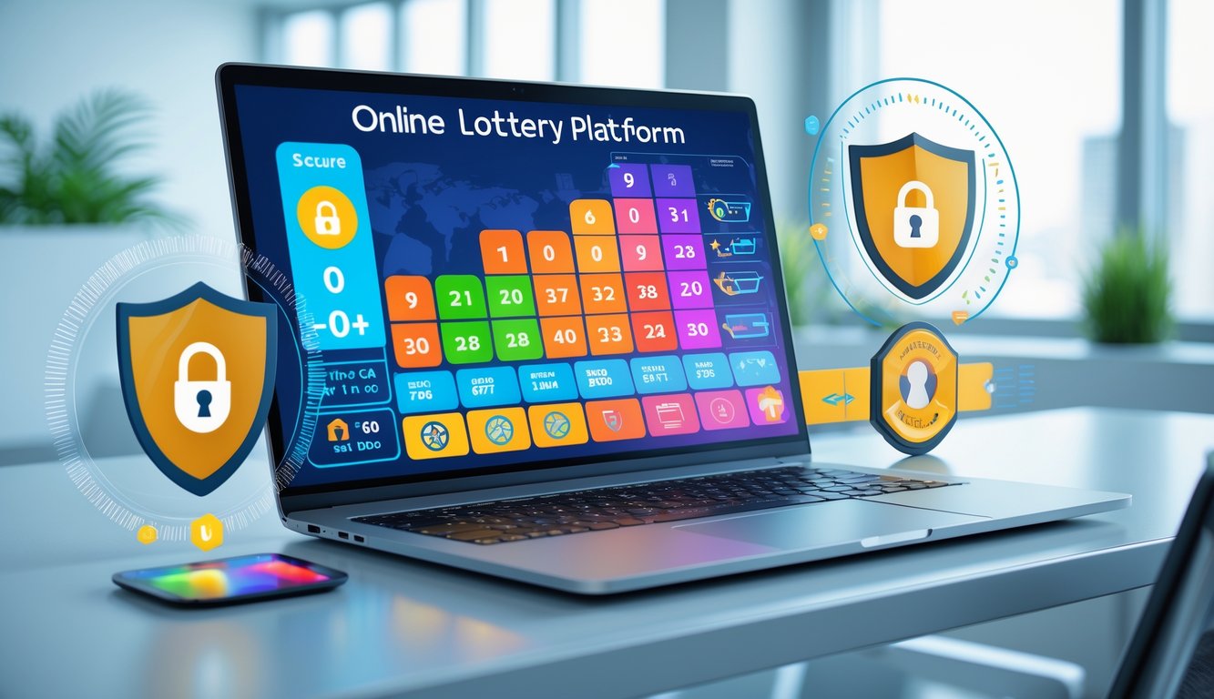 Seorang pengguna duduk di depan laptop dengan tampilan antarmuka digital lotre yang aman dan terpercaya di lingkungan kantor yang terang dan bersih.