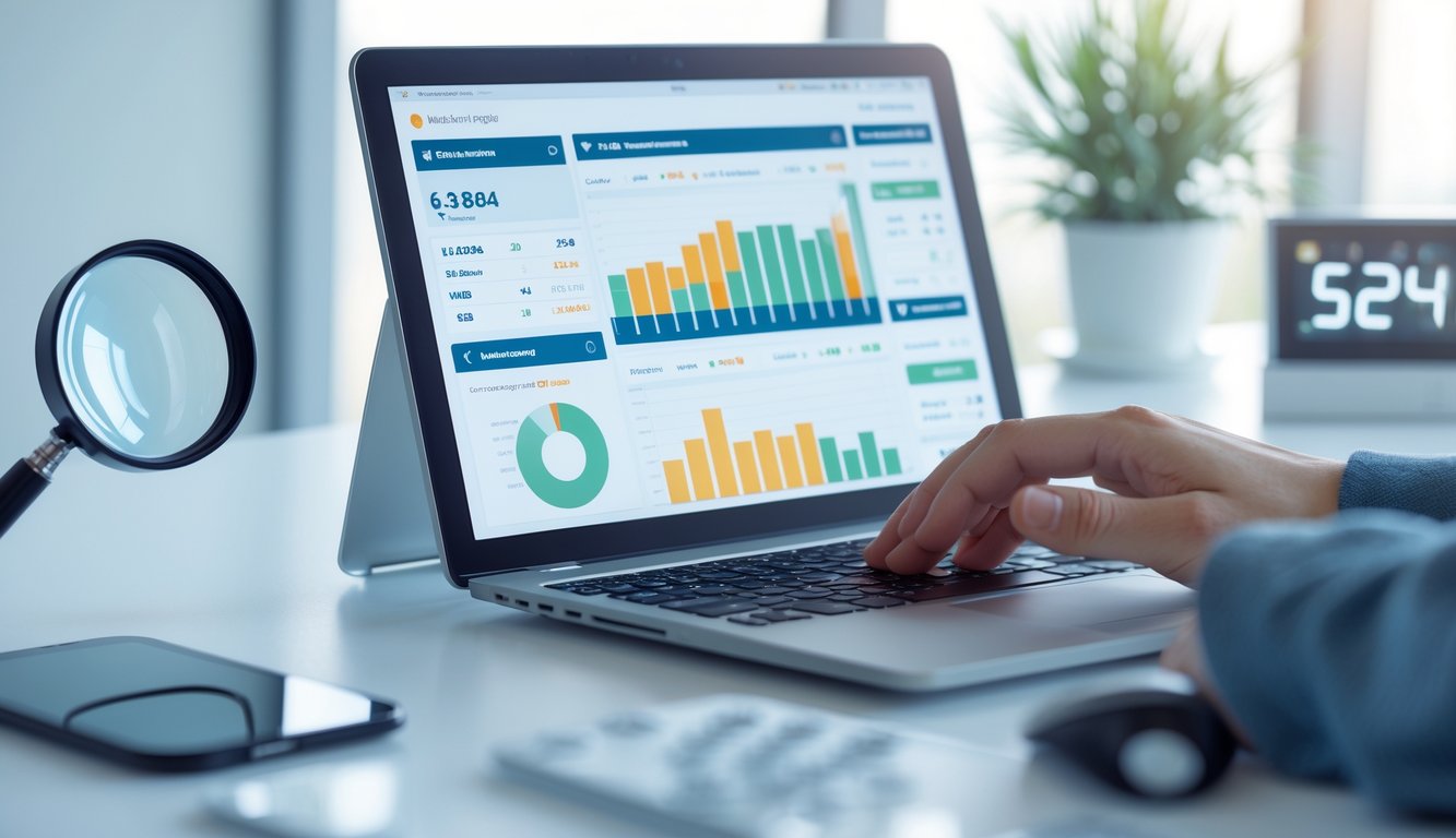 Seseorang menggunakan laptop dengan layar menampilkan grafik dan data angka hasil lotre secara akurat di meja kerja yang rapi.