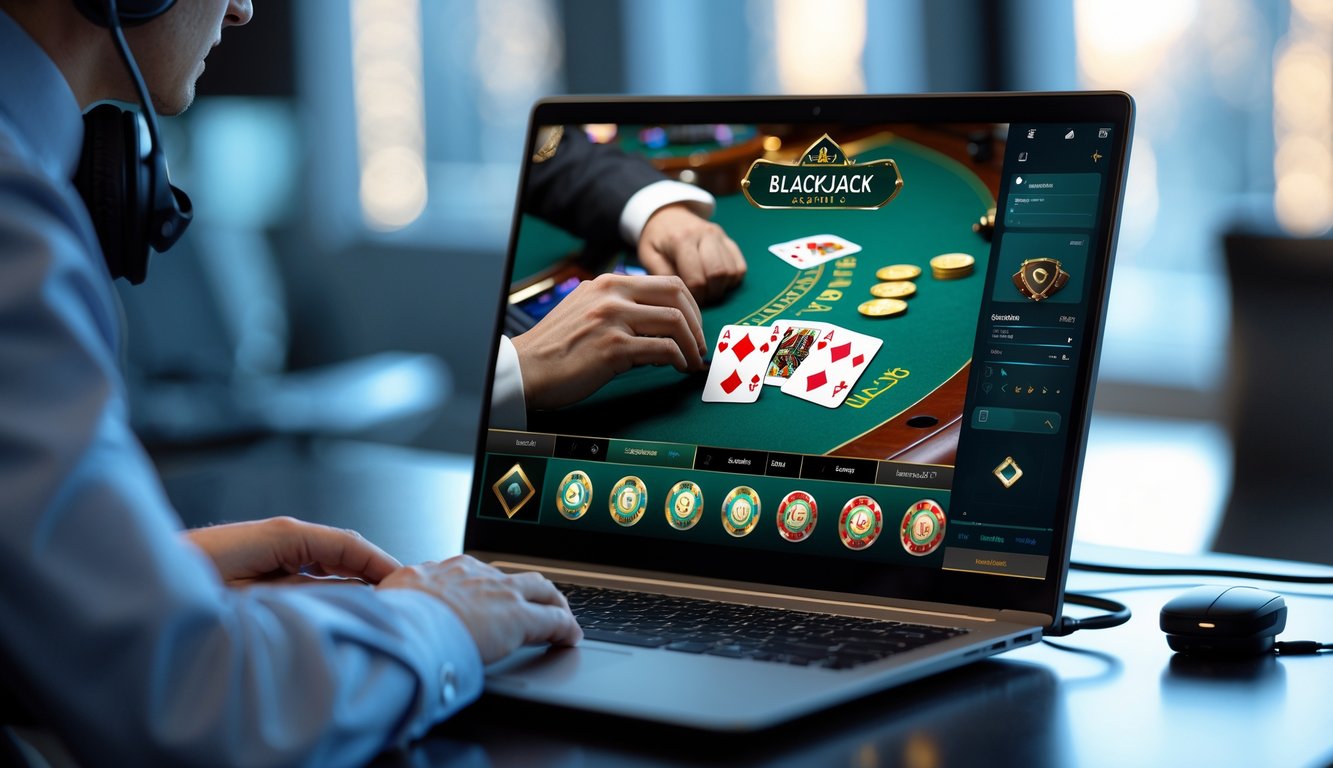Seseorang menggunakan komputer dengan tampilan permainan blackjack online yang jelas dan stabil.