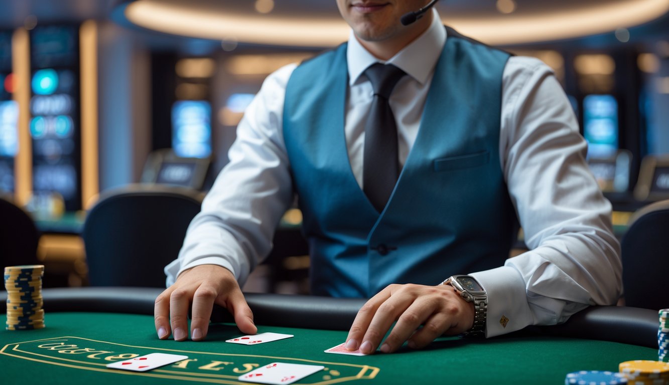 Seorang dealer profesional sedang membagikan kartu di meja blackjack dengan suasana kasino yang modern dan resmi.