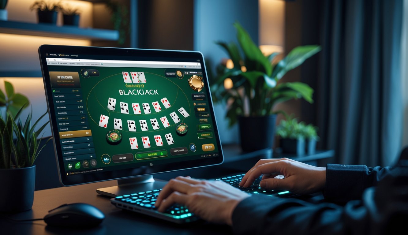 Seseorang bermain blackjack online di komputer dengan tampilan kartu dan chip yang jelas di ruangan yang rapi dan nyaman.