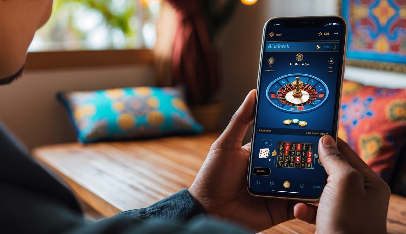 Seseorang memegang ponsel yang menampilkan permainan blackjack online dengan latar belakang ruangan yang nyaman.