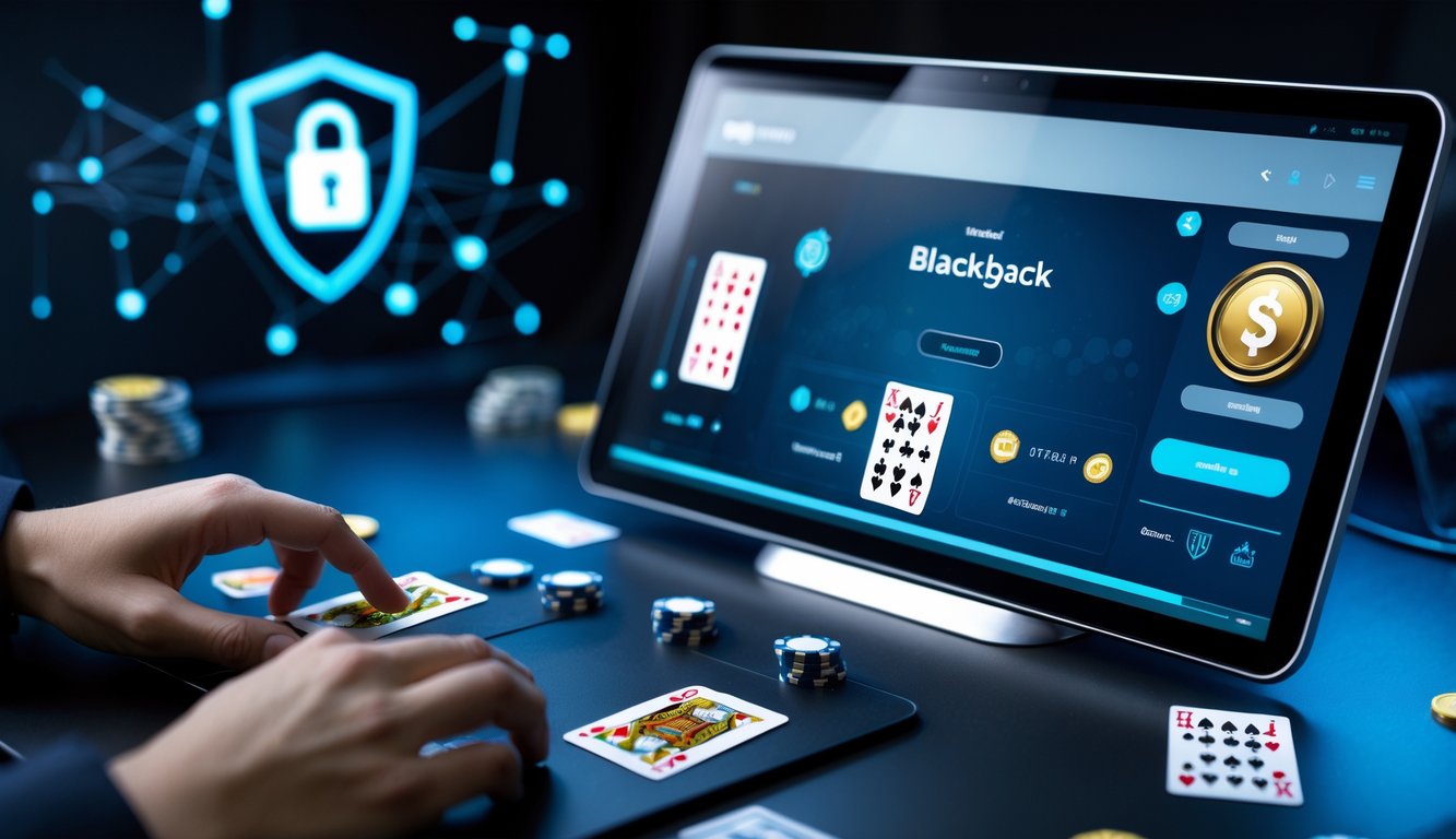 Tampilan layar komputer dengan permainan blackjack online dan simbol keamanan digital di latar belakang.