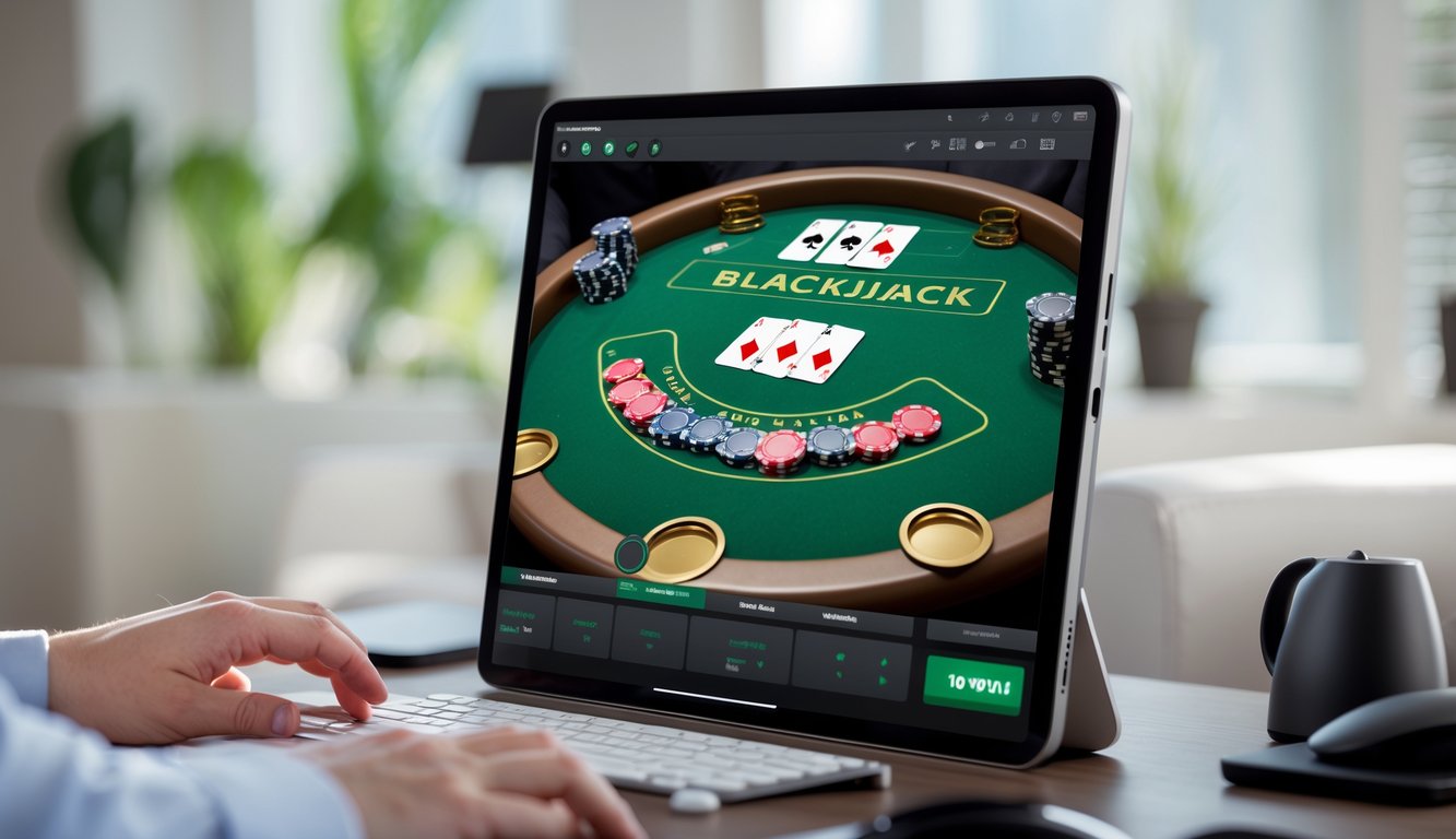 Tampilan meja blackjack online terbaru di layar komputer dengan chip dan kartu di sekitar.