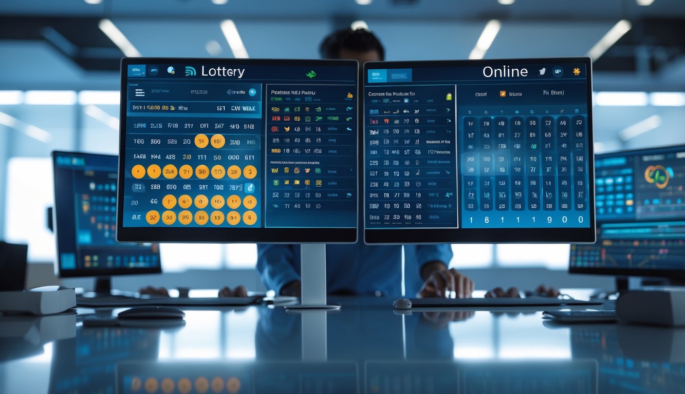 Seorang profesional menggunakan beberapa layar komputer yang menampilkan hasil togel secara real time di ruang kerja modern.