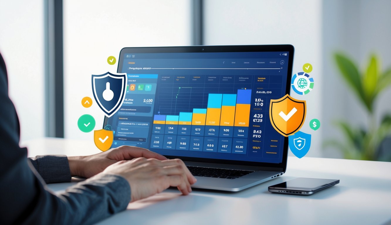 Seorang pengguna sedang menggunakan laptop dengan tampilan dashboard data lengkap hasil togel online di meja yang bersih dan terang.