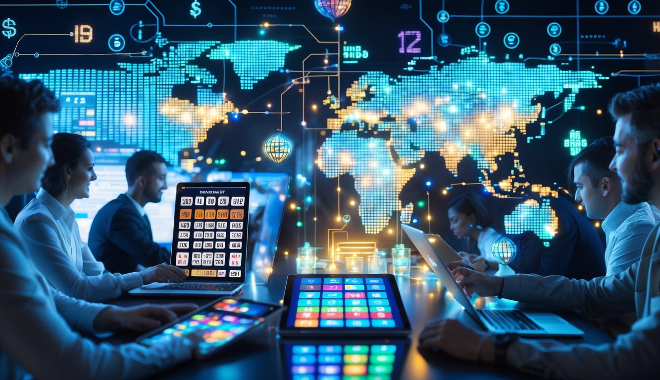 Orang-orang menggunakan perangkat elektronik dengan tampilan angka lotre dan peta dunia yang menunjukkan pasar global.