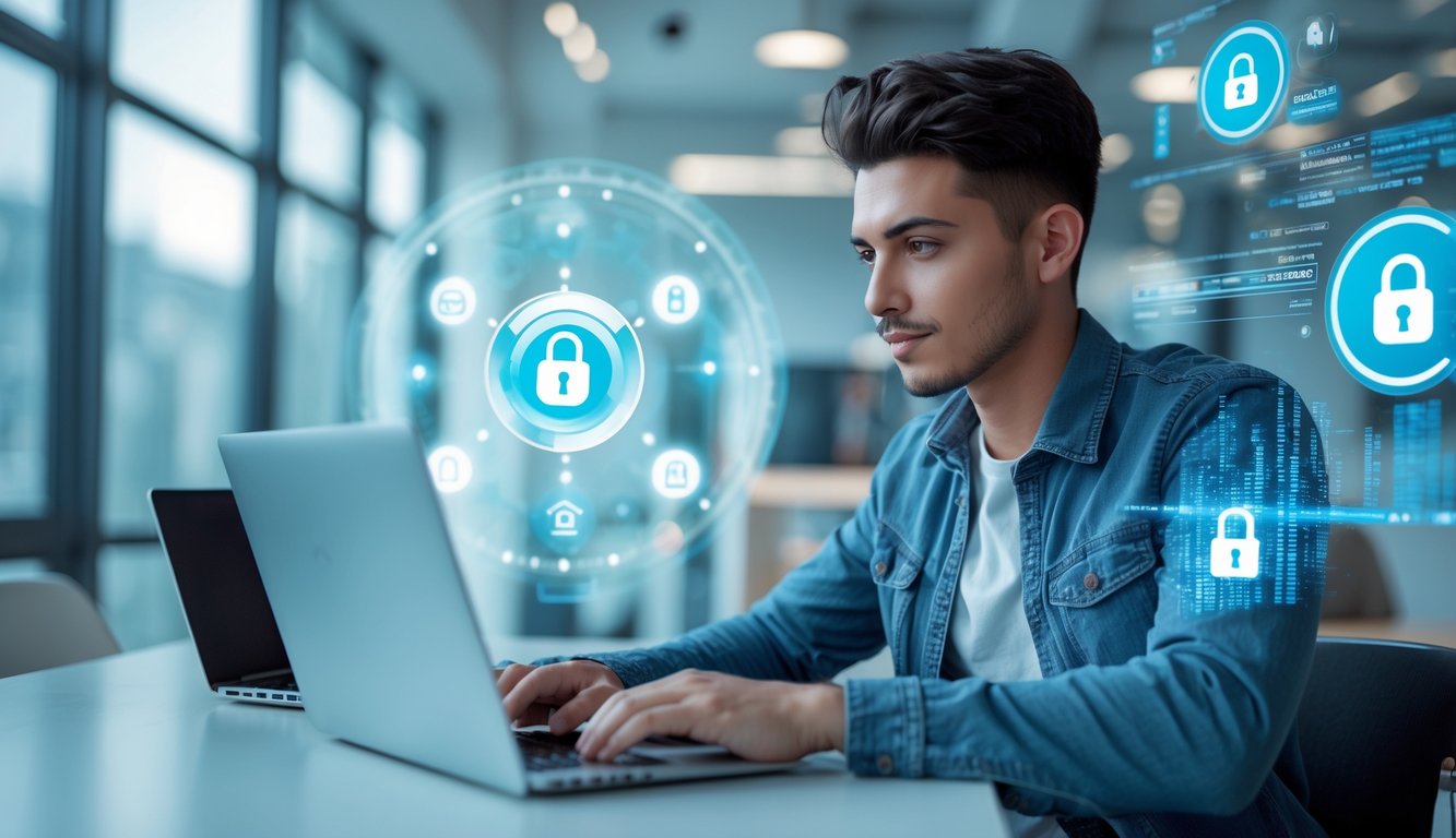 Seseorang menggunakan laptop di ruang kerja modern dengan ikon keamanan digital di latar belakang yang menunjukkan sistem aman dan terpercaya.