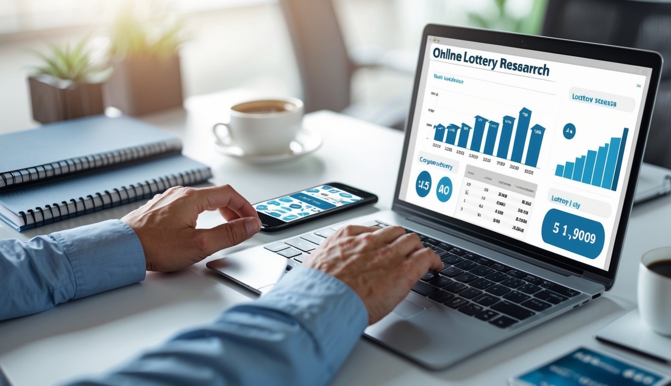 Meja kerja dengan laptop, tangan mengetik, dan smartphone yang menampilkan aplikasi togel online, dikelilingi oleh buku catatan dan secangkir kopi.