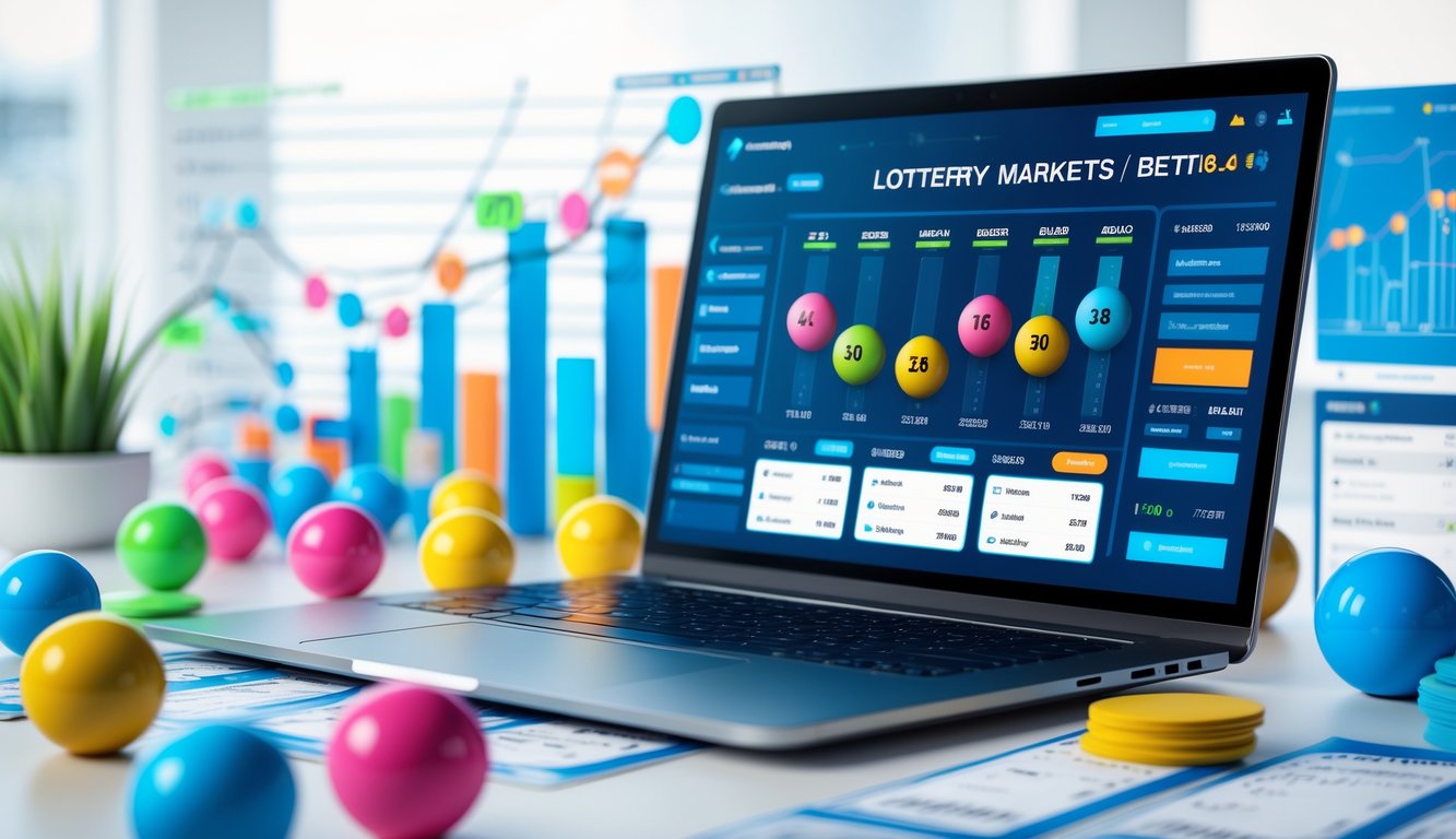 Sebuah meja kerja modern dengan laptop yang menampilkan antarmuka digital pasar togel lengkap, dikelilingi bola togel berwarna-warni dan grafik keuangan.