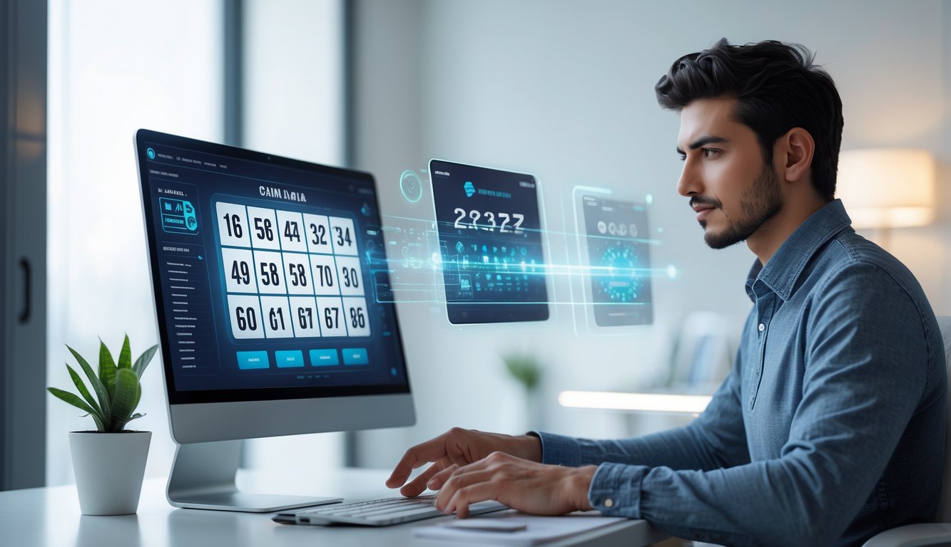 Seseorang menggunakan komputer di ruang kerja modern dengan layar menampilkan angka dan antarmuka digital terkait taruhan online.