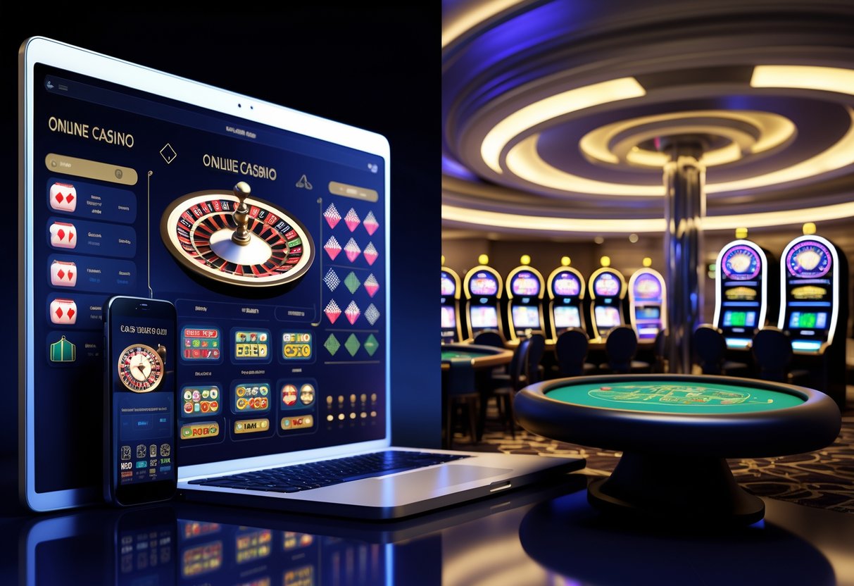 Perbandingan visual antara kasino online yang ditampilkan di perangkat digital dan kasino konvensional dengan meja permainan dan mesin slot di ruangan mewah.