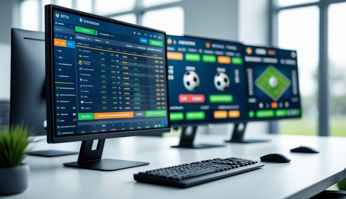 Suasana ruang kerja modern dengan beberapa layar komputer menampilkan statistik dan peluang taruhan sepak bola secara online.