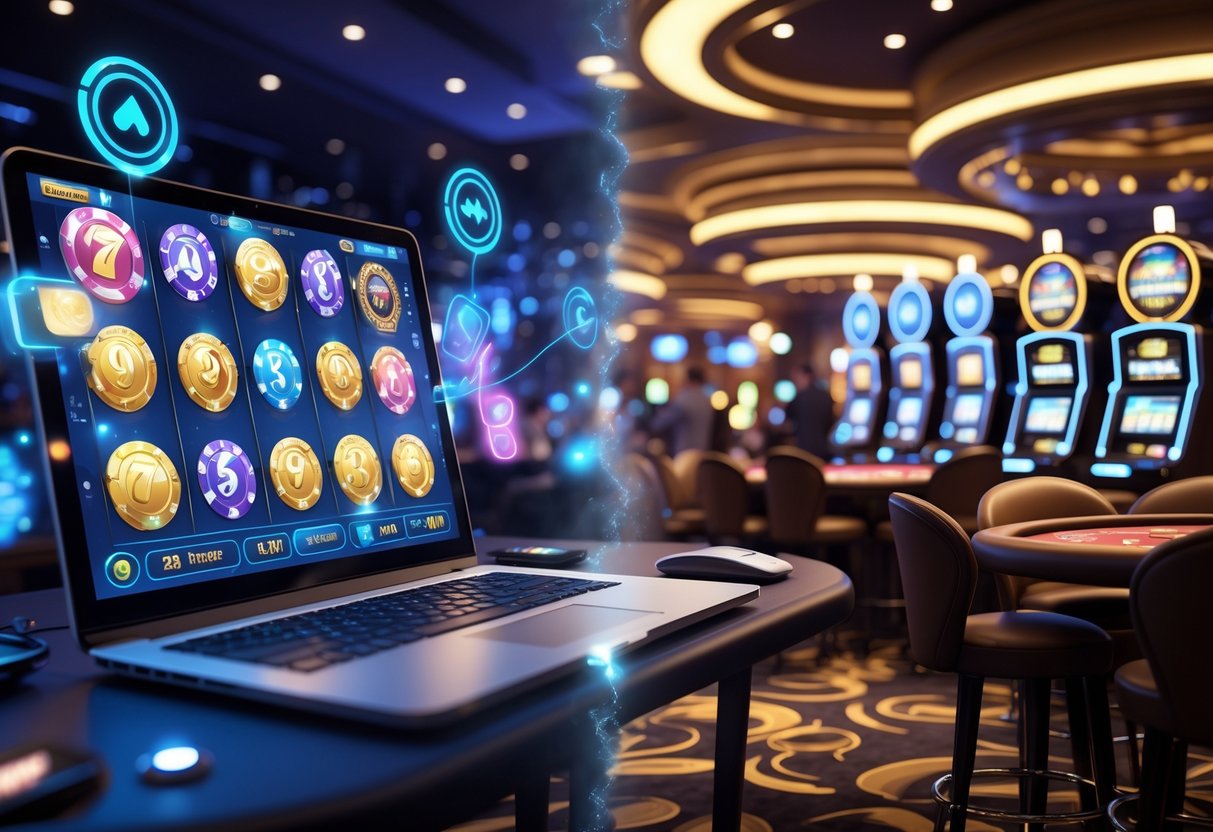 Gambaran dua lingkungan kasino, satu kasino online dengan layar digital dan perangkat elektronik, dan satu kasino konvensional dengan mesin slot fisik dan meja kartu.