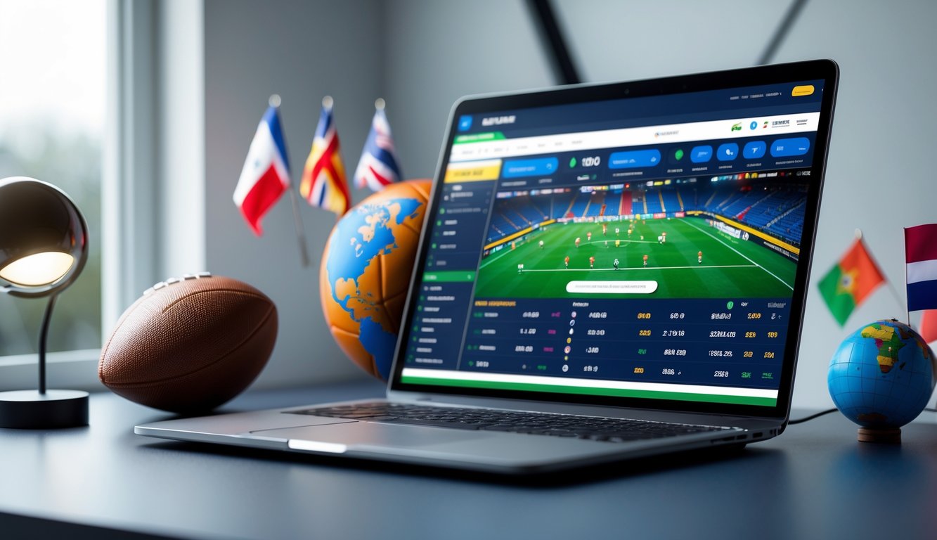 Seorang pengguna sedang melihat layar komputer dengan tampilan taruhan sepak bola internasional dan bola serta bendera negara di sekitar meja.