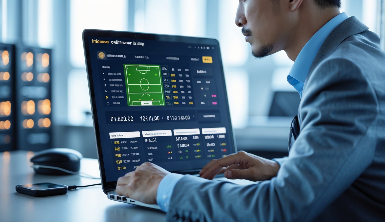 Seorang pria menggunakan laptop dengan tampilan statistik pertandingan sepak bola dan suasana ruang kerja modern dengan server di latar belakang.