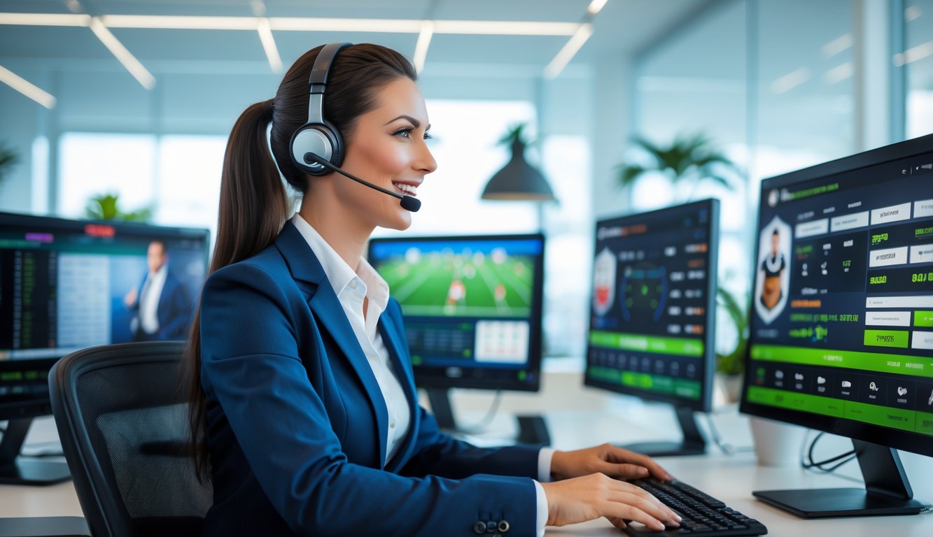Seorang perwakilan layanan pelanggan profesional di kantor modern dengan beberapa layar komputer yang menampilkan antarmuka taruhan olahraga online.