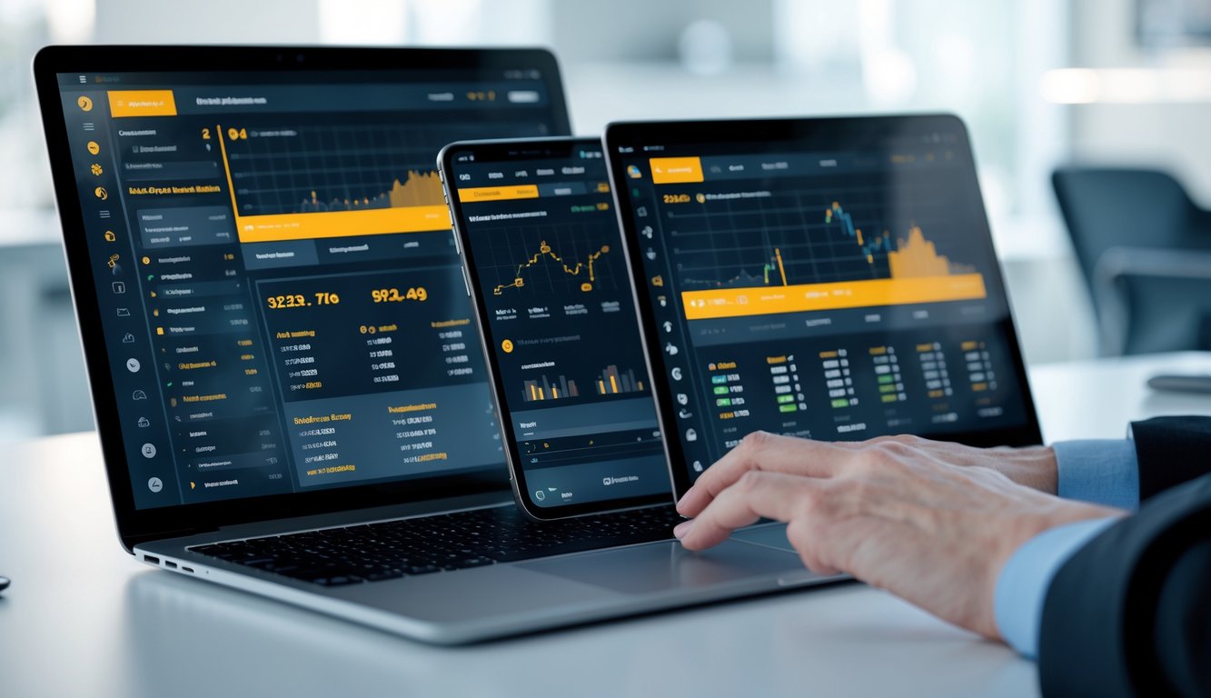 Seseorang menggunakan beberapa perangkat digital yang menampilkan pembaruan peluang taruhan bola secara real time di lingkungan kantor modern.