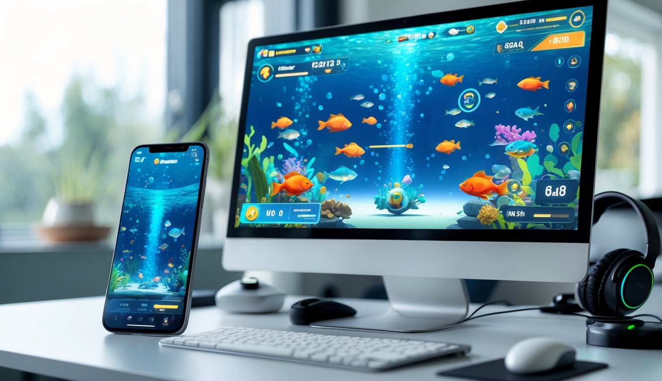 Tampilan antarmuka permainan tembak ikan online di komputer dan ponsel dengan latar meja kerja bersih dan aksesori gaming.