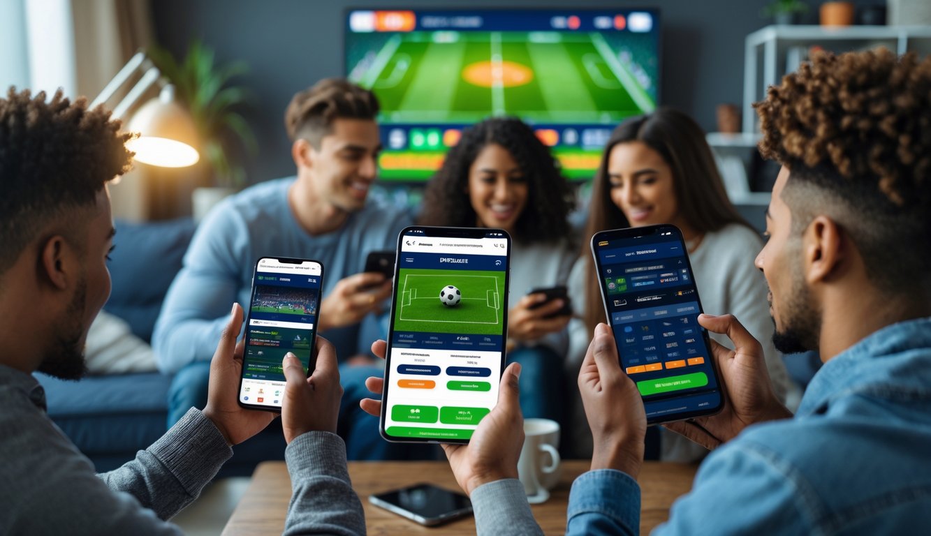 Sekelompok orang muda menggunakan ponsel dan tablet untuk memasang taruhan bola secara online di ruang tamu yang nyaman.