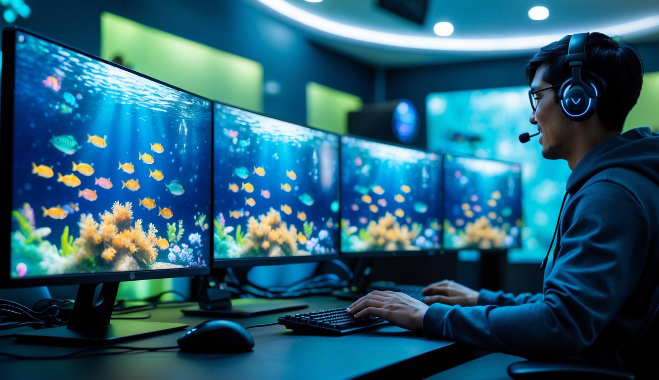 Seorang pemain dewasa fokus bermain game tembak ikan di komputer dengan layar menampilkan berbagai ikan berwarna-warni dalam suasana ruangan modern yang terang.